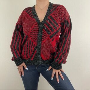 Vintage 80s Retro Red Black Geometric V Neck Grandpa Chunky Cardigan Sweater